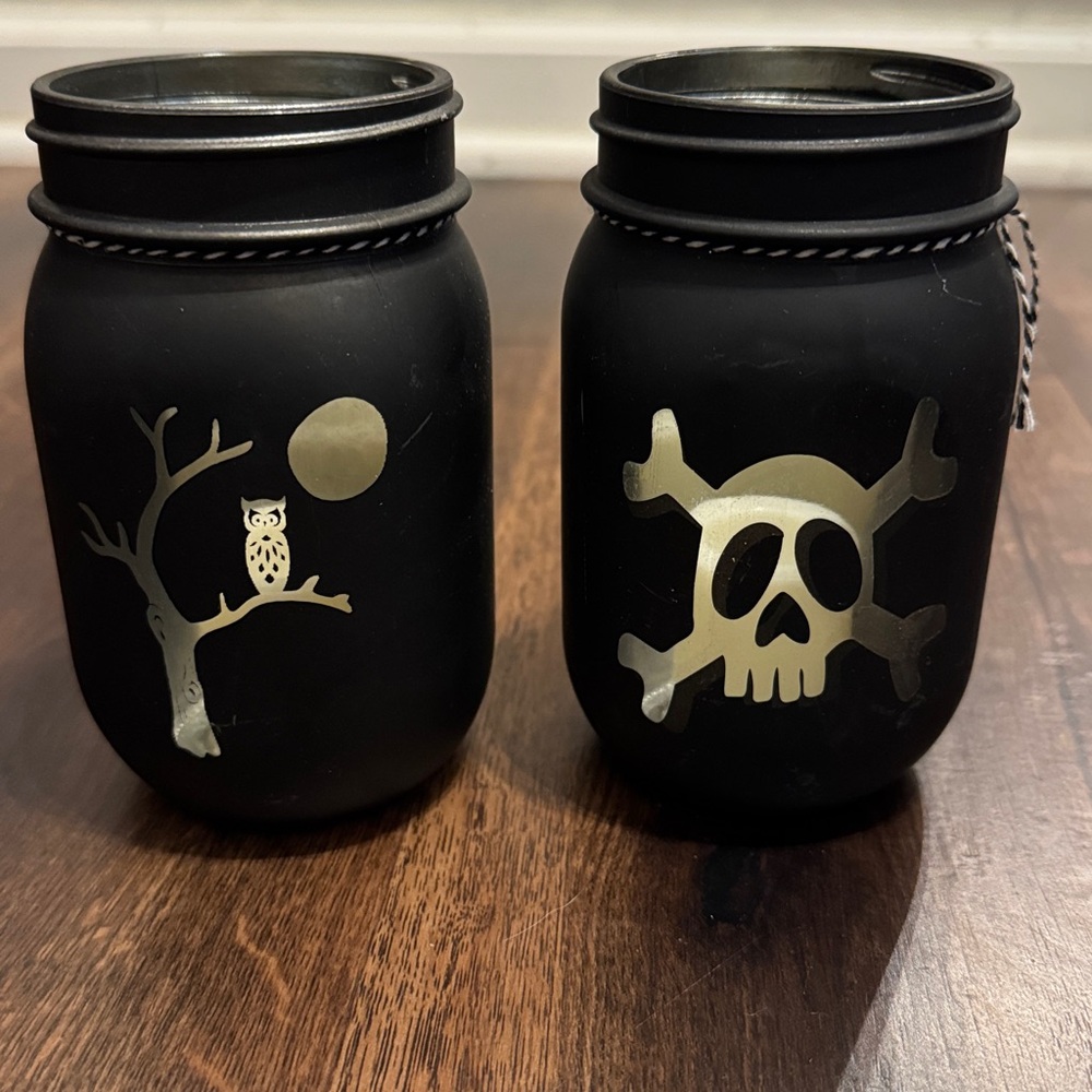 Flameless Candle Black Halloween Mason Jar Set with Skull and Owl